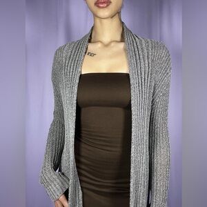 Metallic Silver Textured Open Front Cardigan Womens Size L Ribbed Knit Crochet